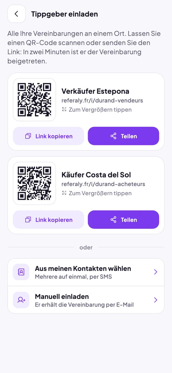 Bildschirm „Tippgeber einladen“: ein QR-Code und ein Link für jede Vereinbarung