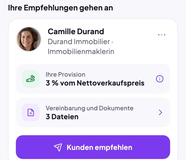 Startseite des Tippgebers: seine Provision von 3 % und die Vereinbarung mit 3 Dokumenten