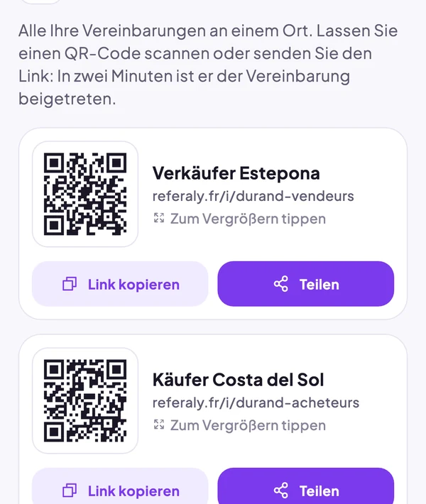 Zwei Vereinbarungen, jede mit QR-Code, Link kopieren und Teilen