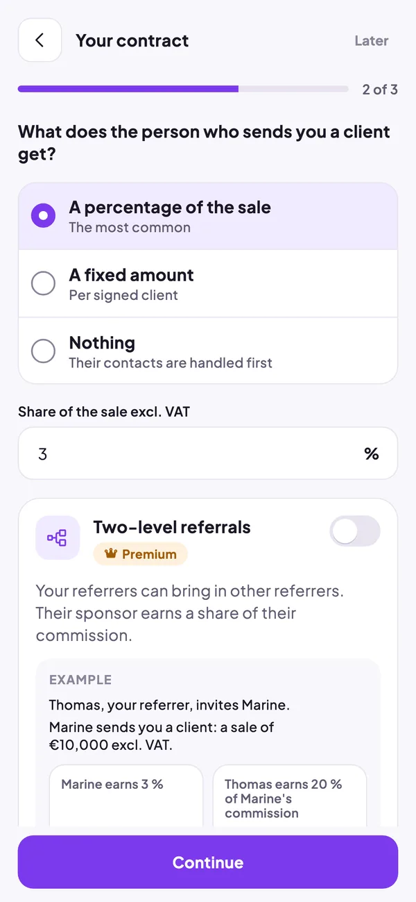 Agreement screen: choose a percentage, a fixed amount or nothing