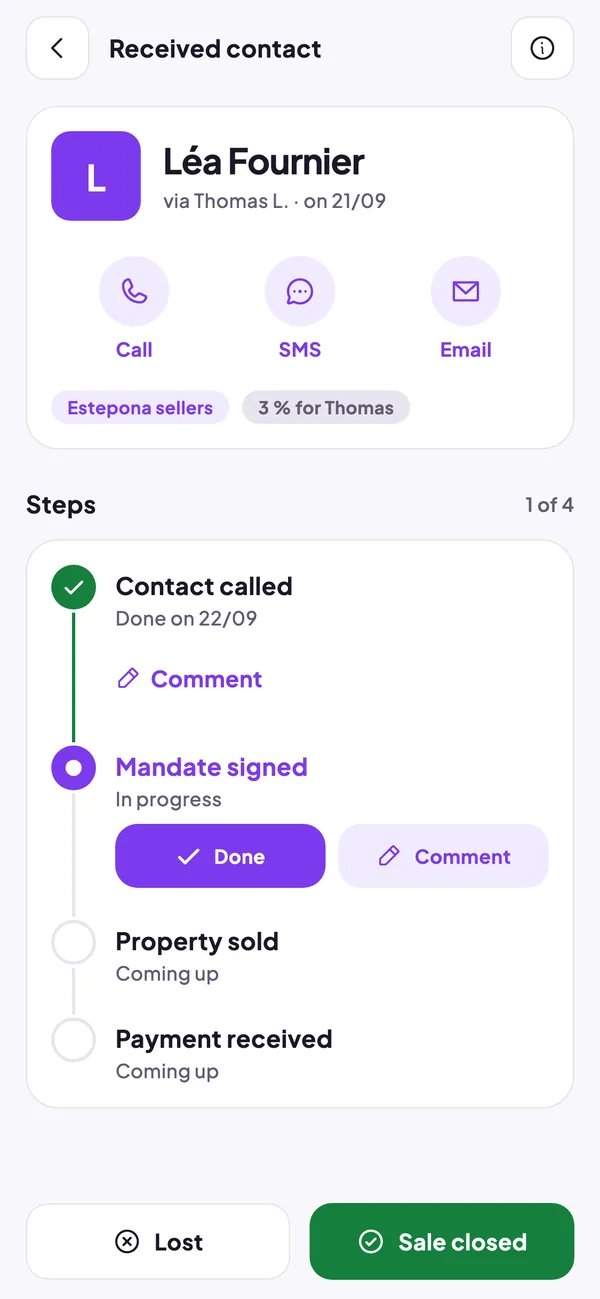 Received contact with its steps ticked one by one