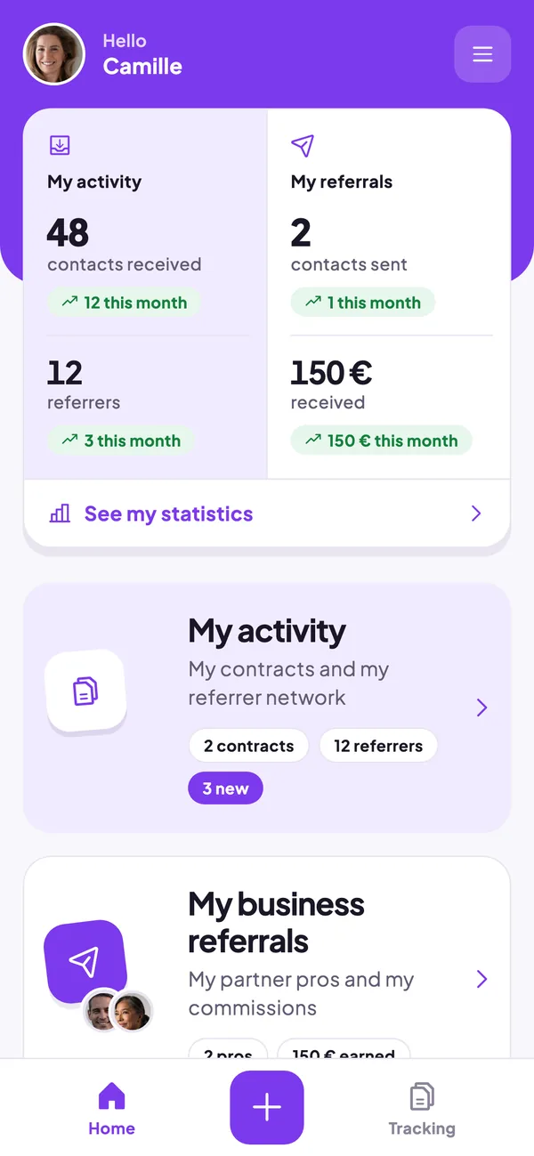 Referaly app home screen: contacts received, active partners and commissions paid