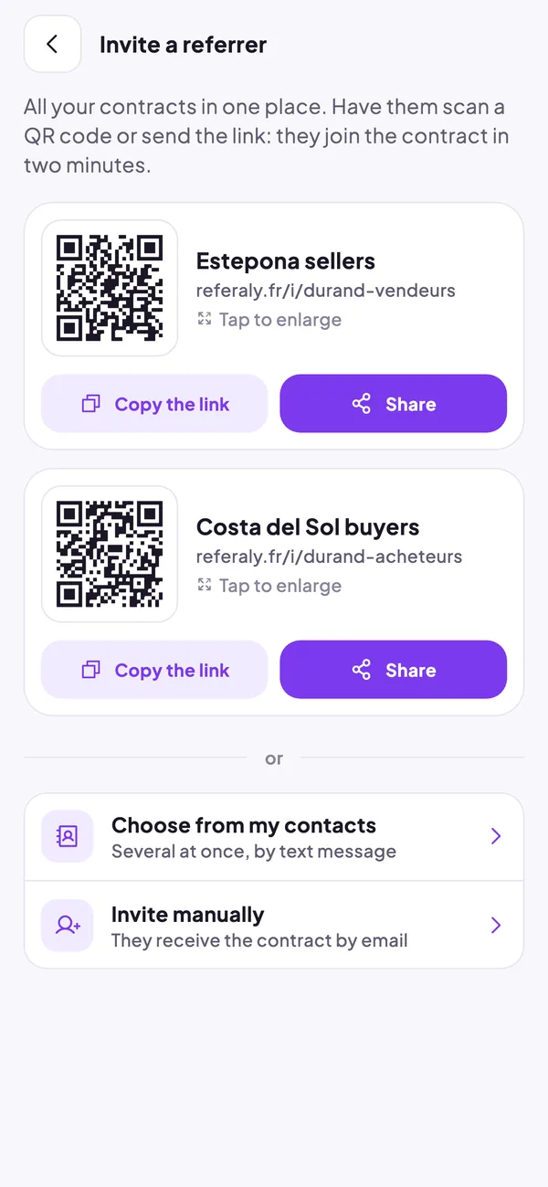 Invite screen: one QR code and one share link per agreement