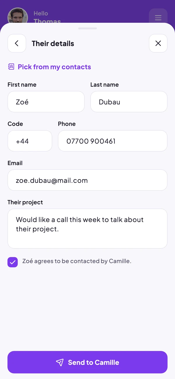 Client referral form in the Referaly app