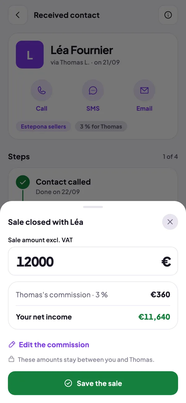Sale closed screen: amount, partner commission and net income