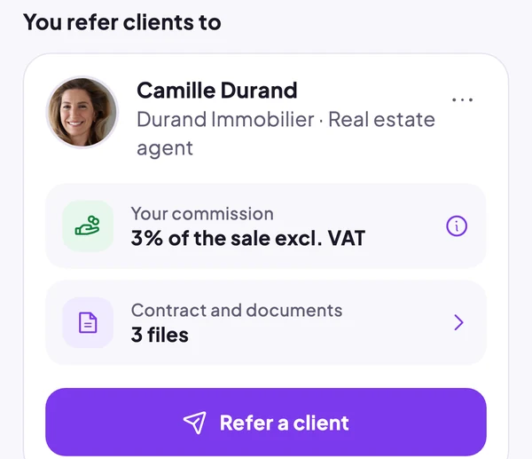 The partner's home screen: their 3% commission and the agreement with 3 documents