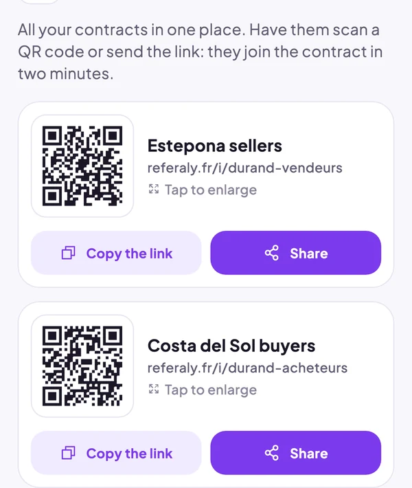 Two agreements, each with its QR code, Copy link and Share
