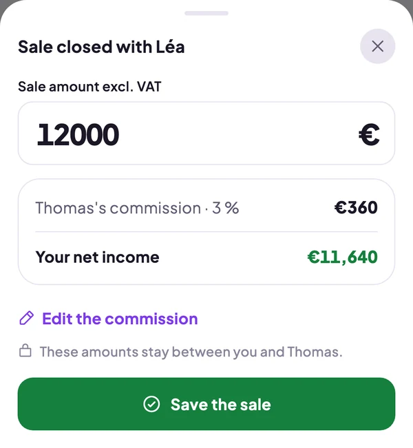 Sale won with Léa: €12,000, Thomas's commission €360, net income €11,640