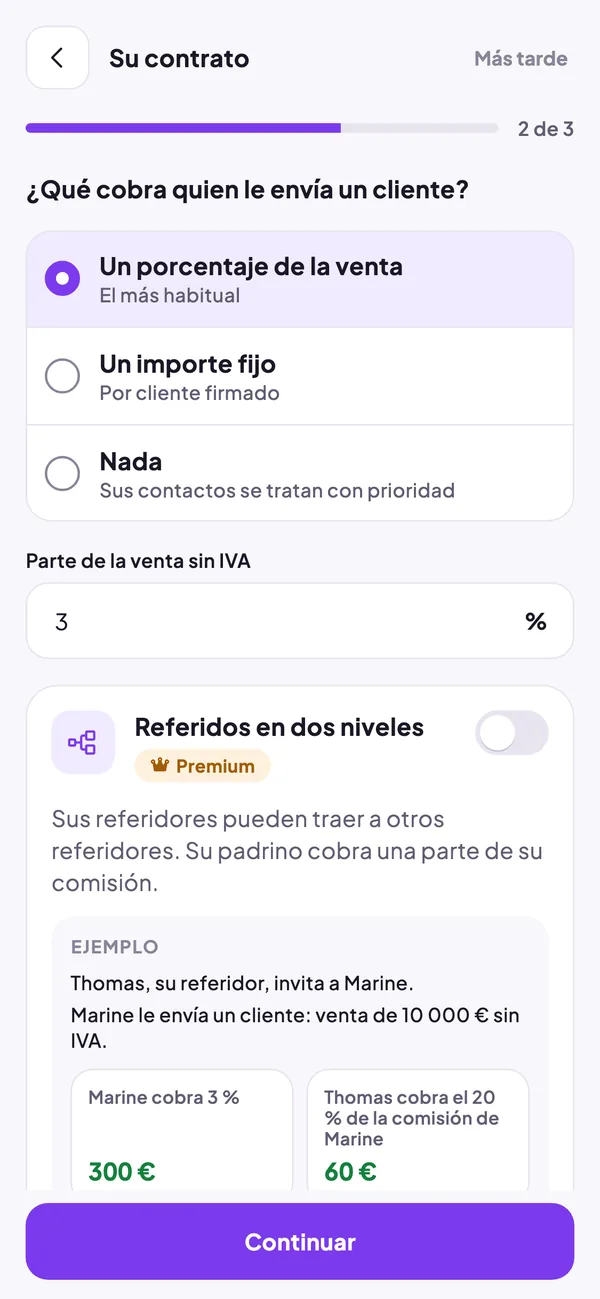 Pantalla del contrato: porcentaje, importe fijo o nada