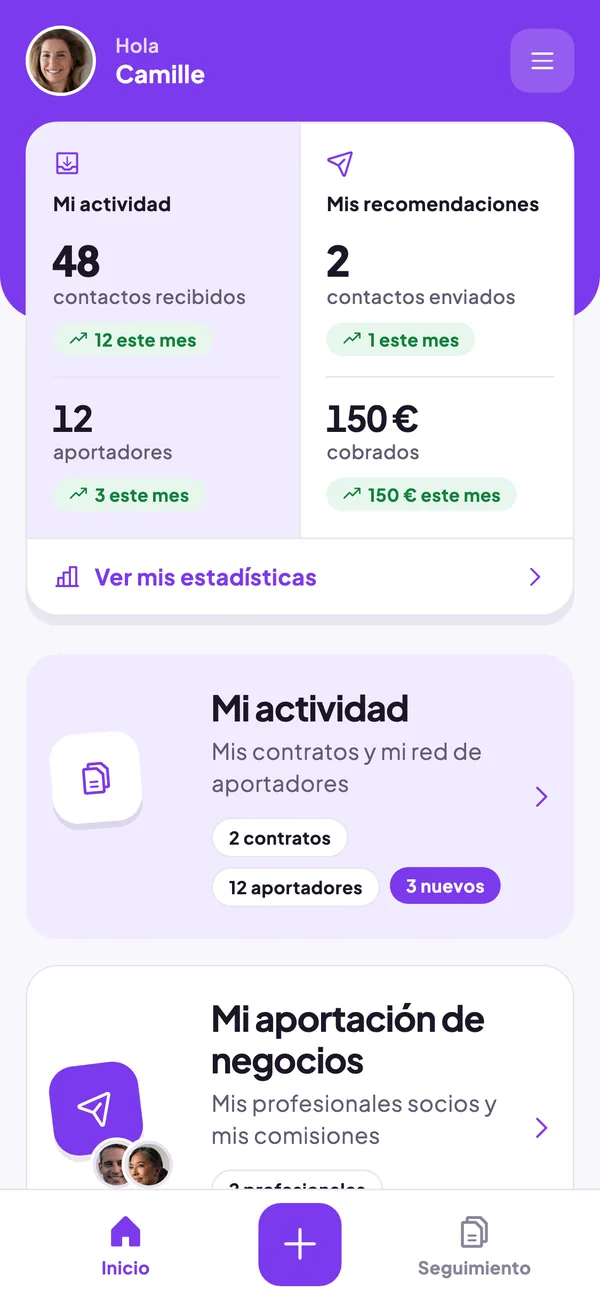Pantalla de inicio de Referaly: contactos recibidos, prescriptores activos y comisiones pagadas