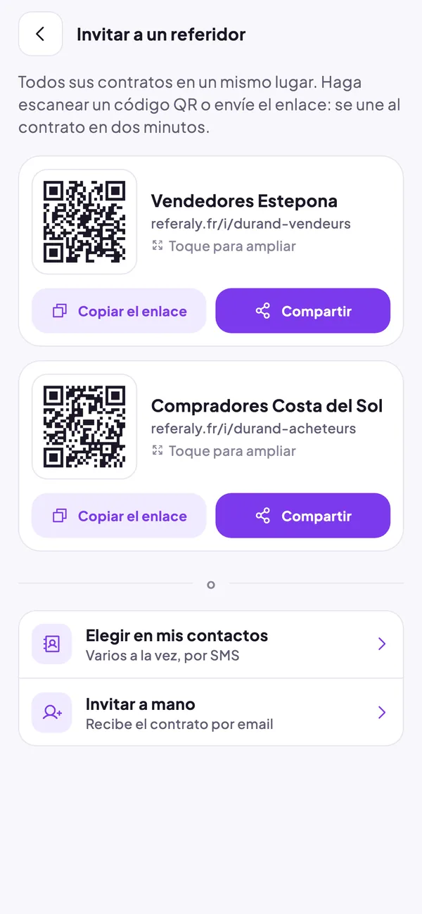 Pantalla de invitación: un código QR y un enlace por contrato
