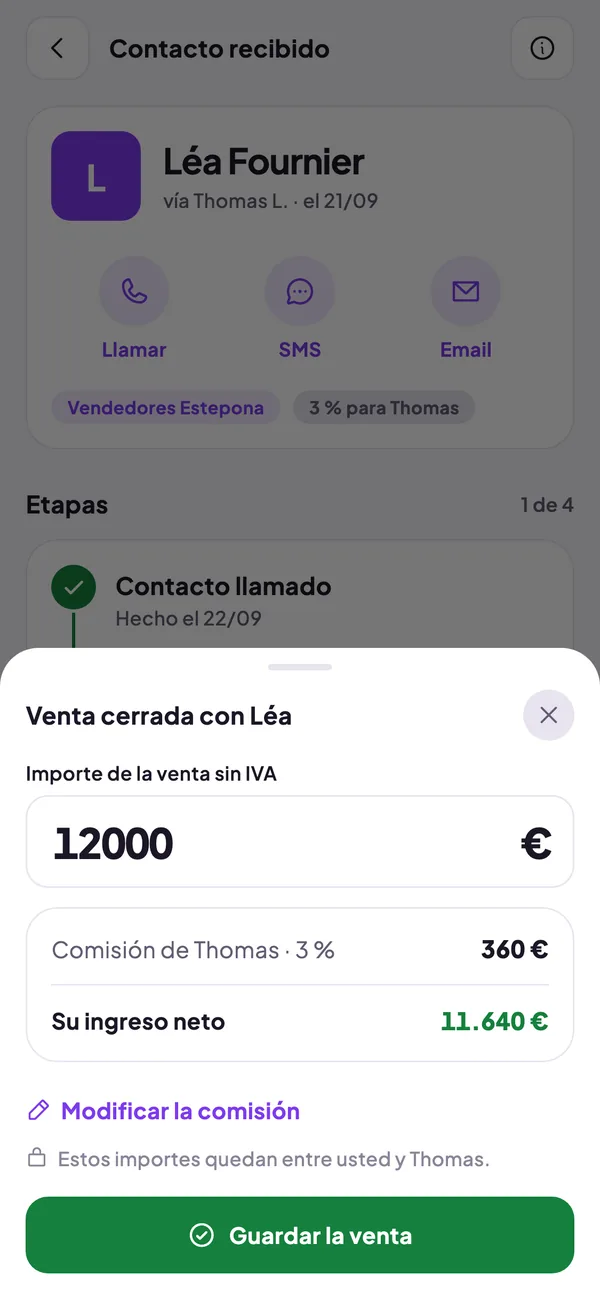 Pantalla de venta cerrada: importe, comisión del prescriptor e ingreso neto