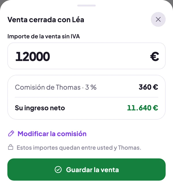 Venta cerrada con Léa: 12 000 €, comisión de Thomas 360 €, ingreso neto 11 640 €