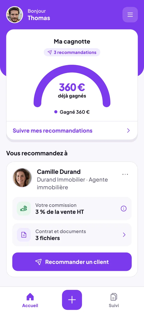 Écran de la cagnotte d'un apporteur