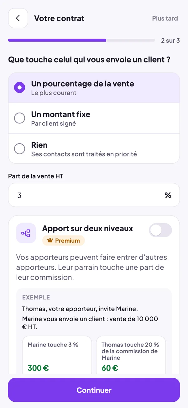 Écran de création du contrat : choix entre un pourcentage, un montant fixe ou rien