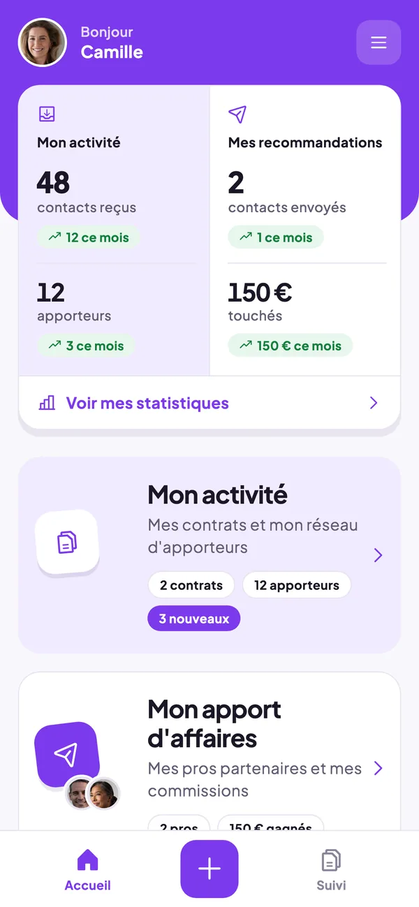 Accueil de l'application Referaly : contacts reçus, apporteurs actifs et commissions versées