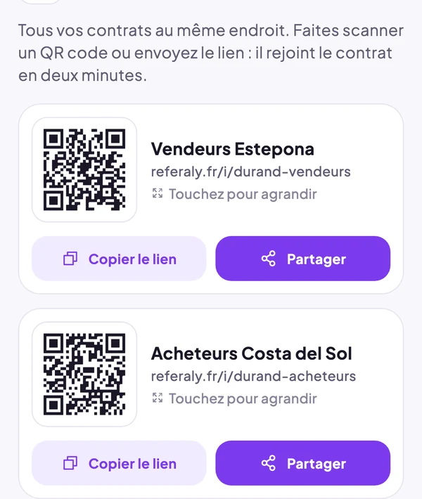 Deux contrats, chacun avec son QR code, Copier le lien et Partager