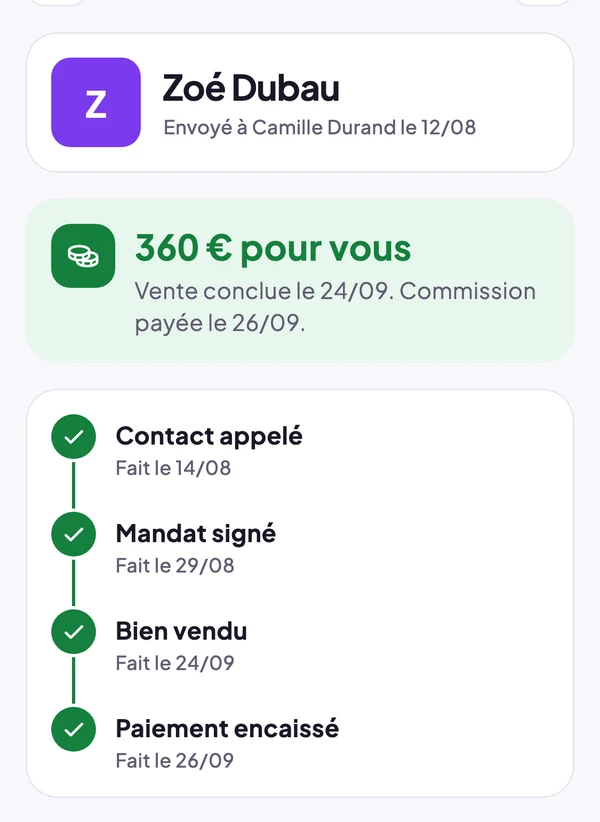 Suivi côté apporteur : 360 € pour vous, vente conclue, toutes les étapes cochées