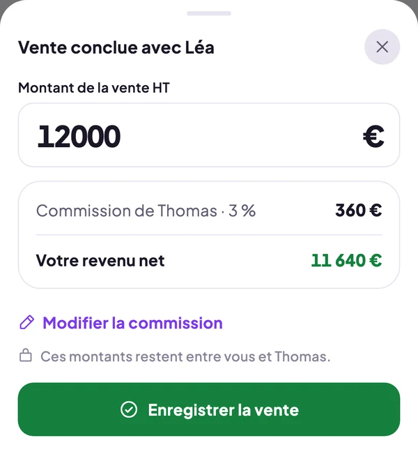 Vente conclue avec Léa : 12 000 €, commission de Thomas 360 €, revenu net 11 640 €