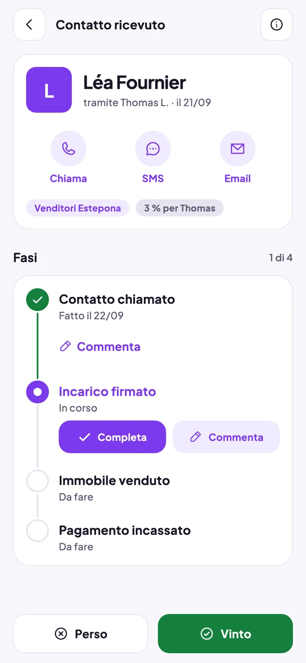 Avanzamento di un contatto ricevuto, fase per fase, nell'app Referaly