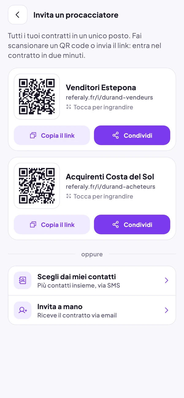 Schermata «Invita un procacciatore»: un codice QR e un link per ogni contratto