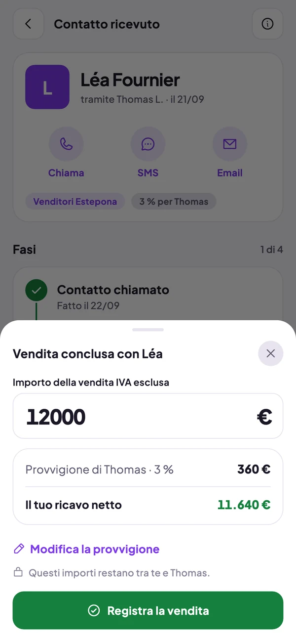 Vendita conclusa: importo, provvigione del procacciatore e ricavo netto