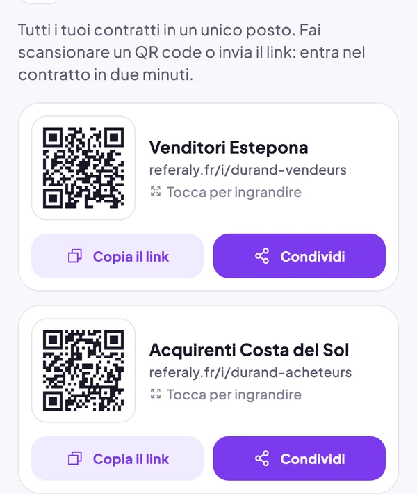 Due contratti, ciascuno con codice QR, Copia il link e Condividi