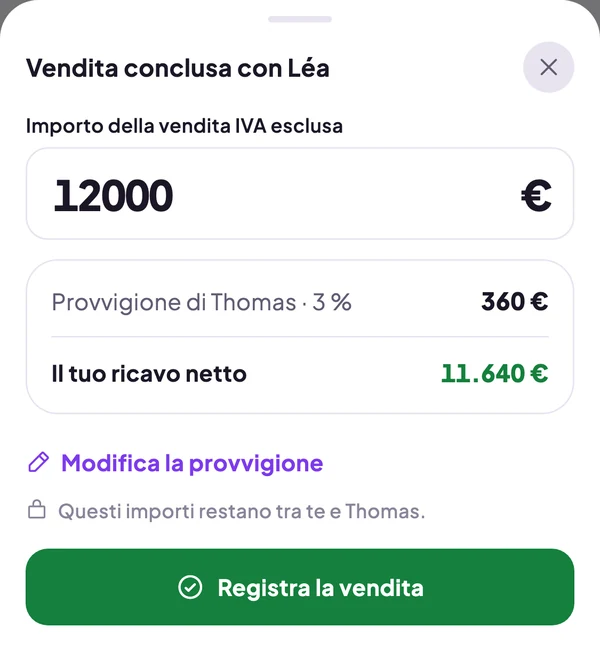 Vendita conclusa con Léa: 12.000 €, provvigione di Thomas 360 €, ricavo netto 11.640 €