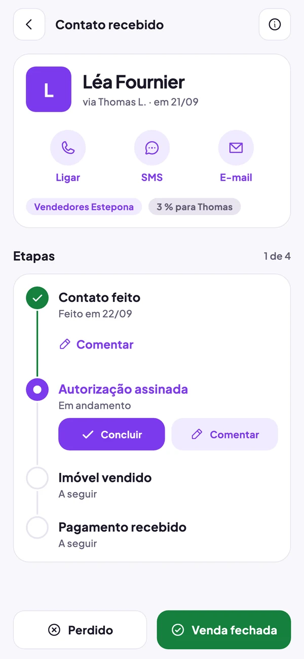 Acompanhamento de um contato recebido, etapa por etapa, no app Referaly