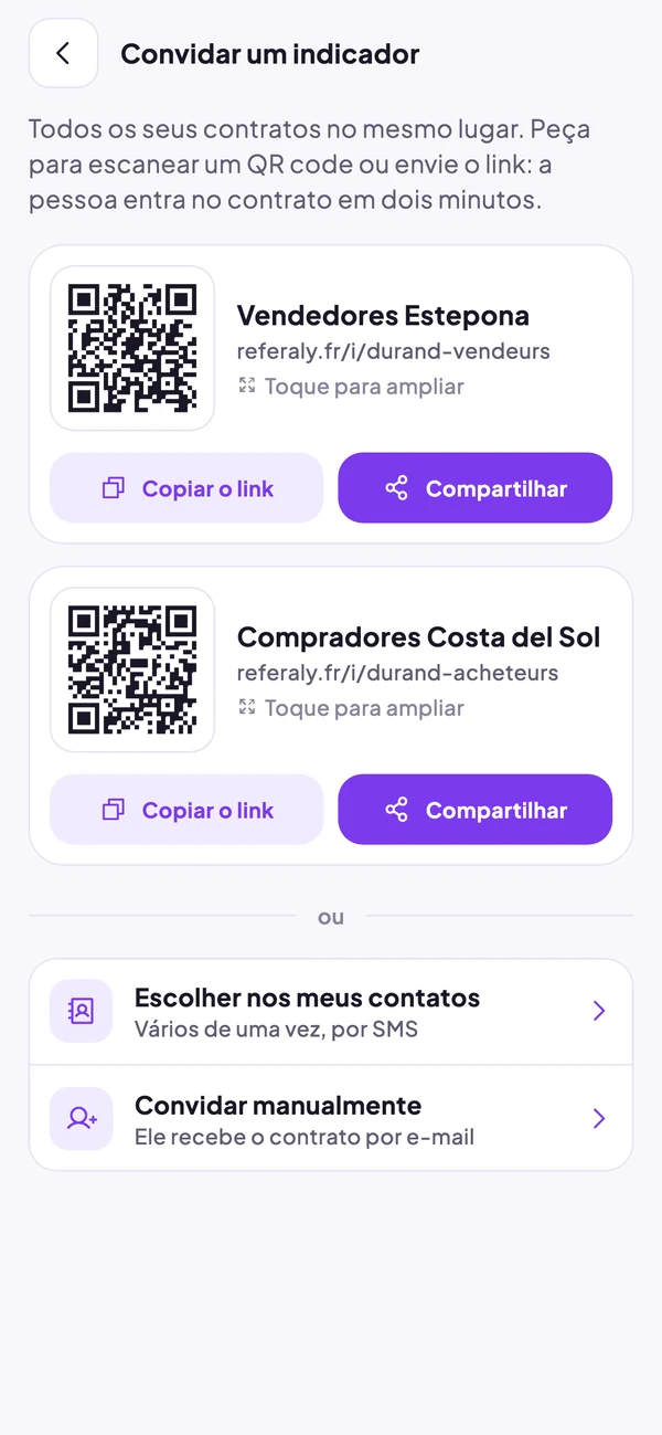 Tela “Convidar um indicador”: um QR code e um link para cada contrato