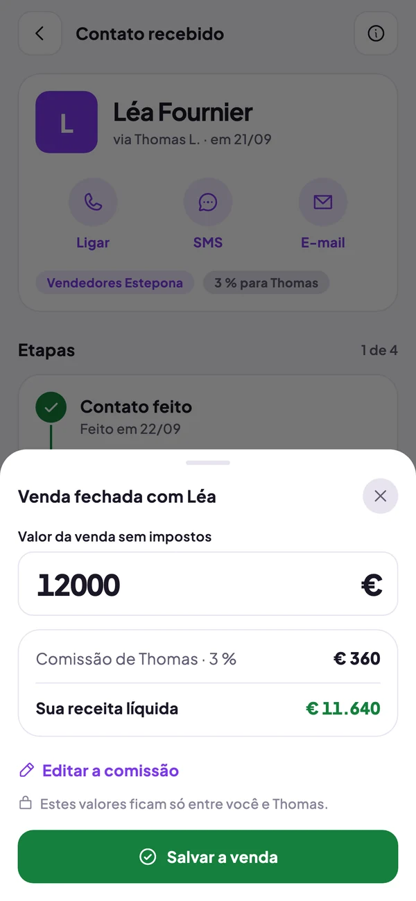 Venda fechada: valor da venda, comissão do indicador e receita líquida