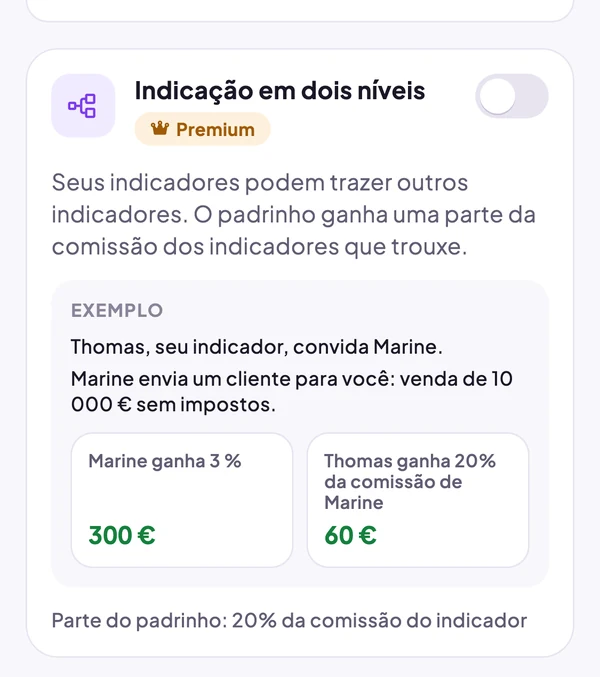 Dois níveis: Marine ganha 3 %, € 300, Thomas ganha 20 % da comissão dela, € 60