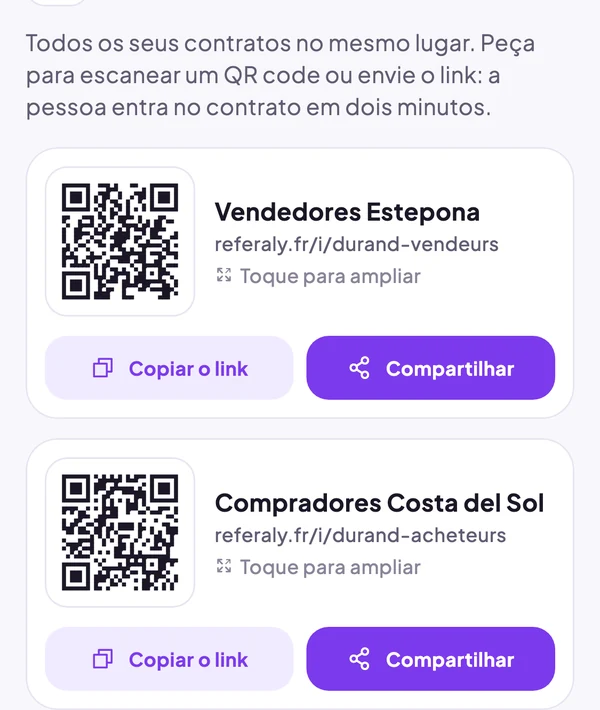 Dois contratos, cada um com seu QR code, Copiar o link e Compartilhar