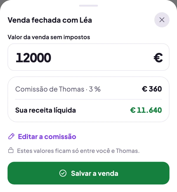 Venda fechada com Léa: € 12.000, comissão de Thomas € 360, receita líquida € 11.640