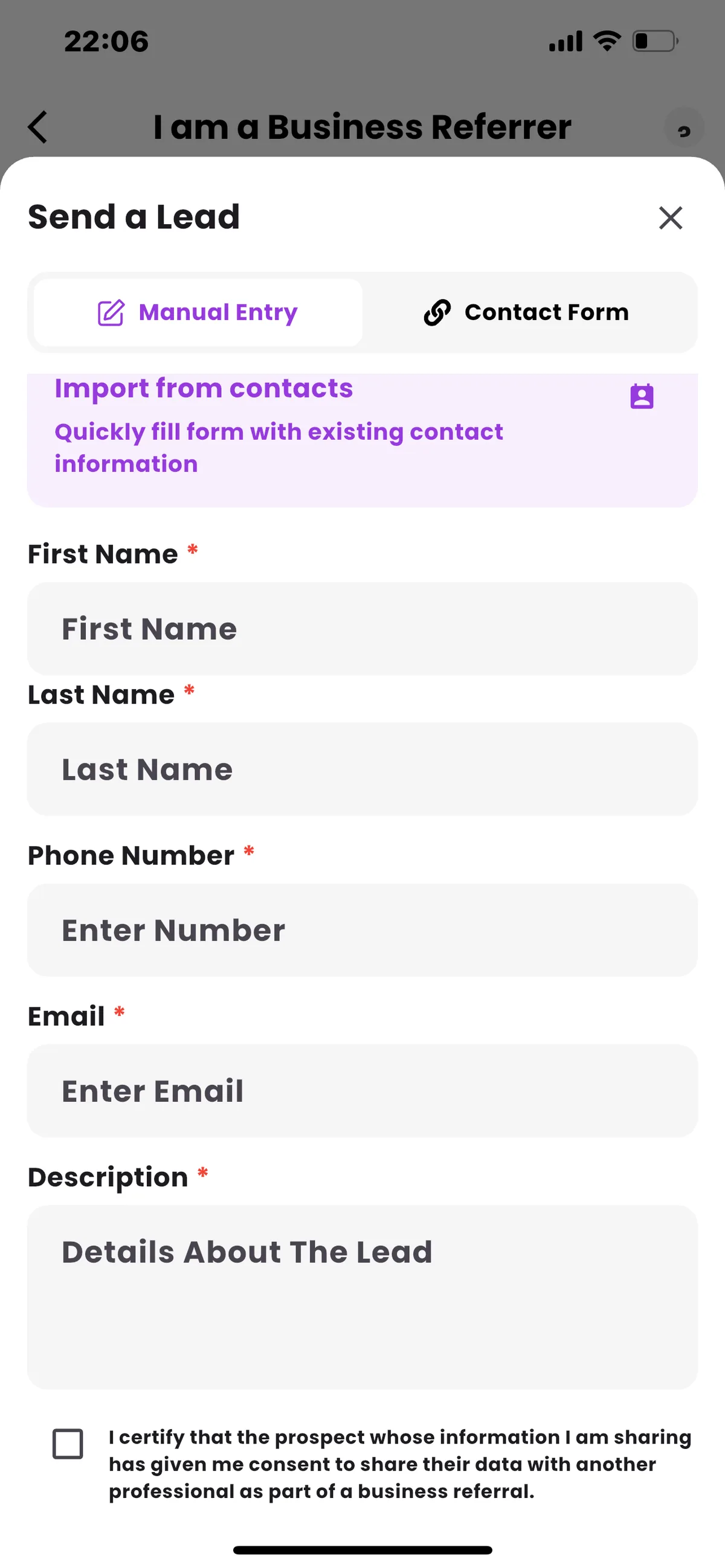 Create referral screen