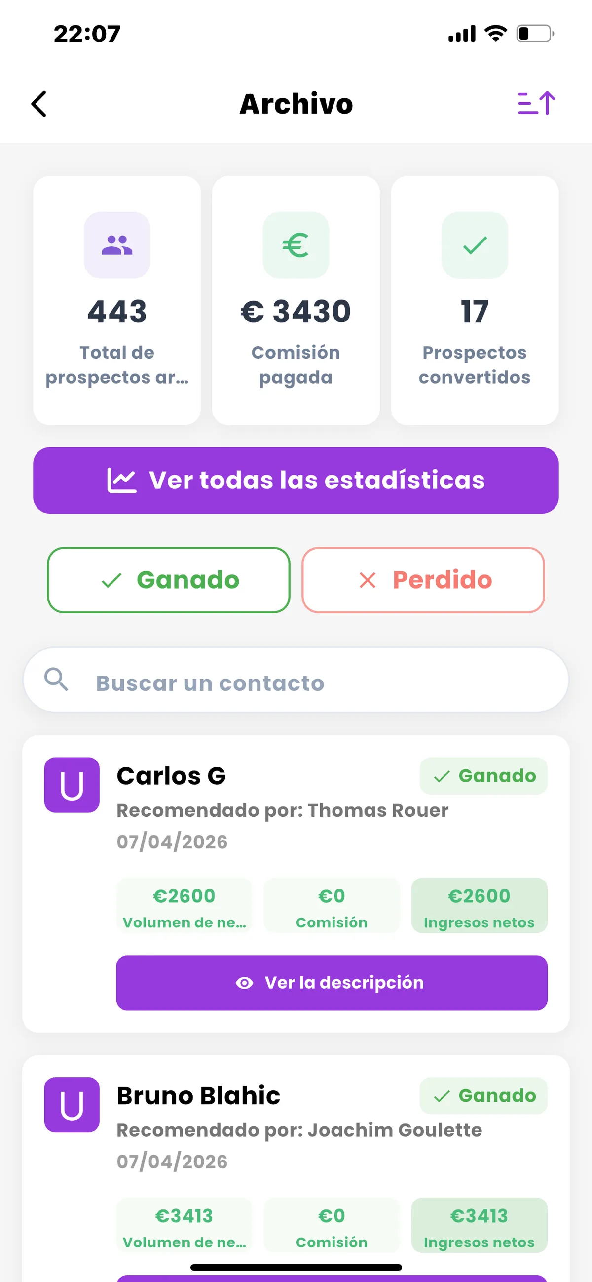 Pantalla de comisiones