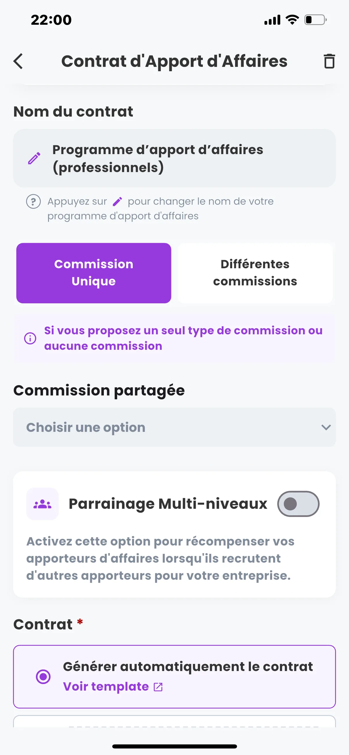 Écran des contrats