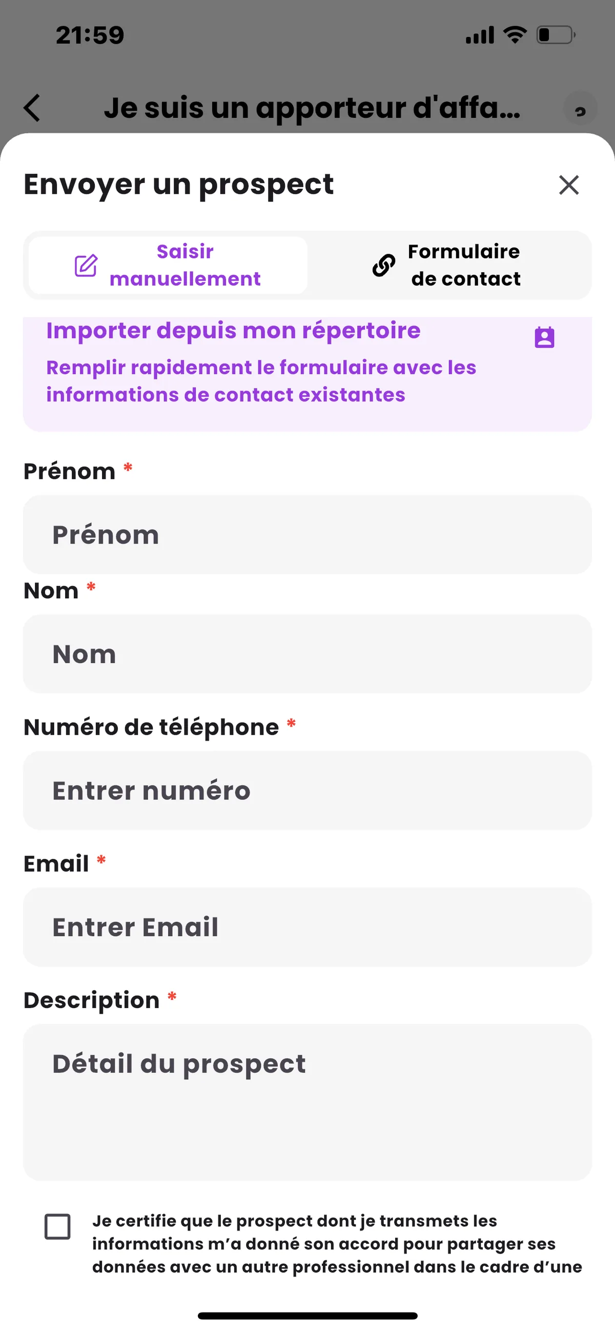 Écran de création de recommandation