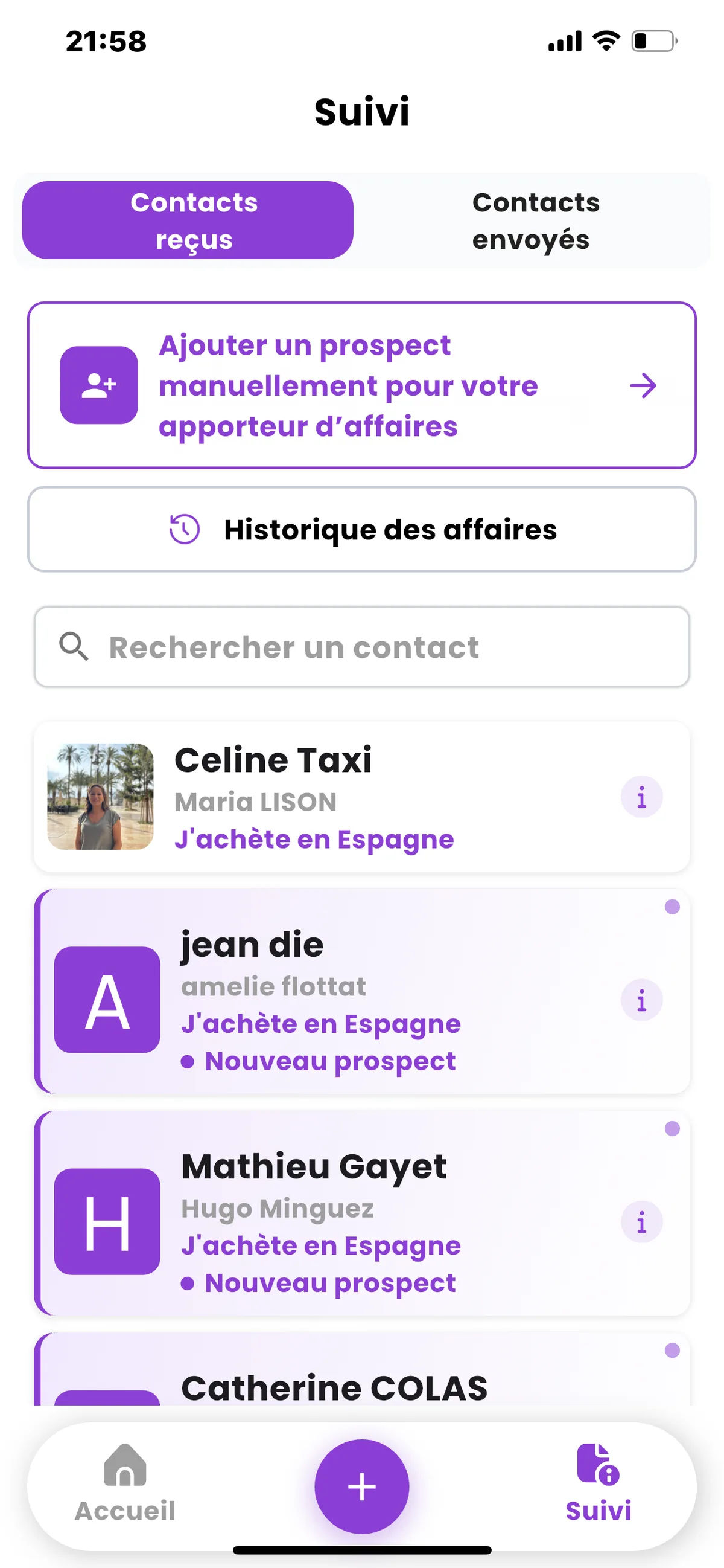Écran de la liste des recommandations