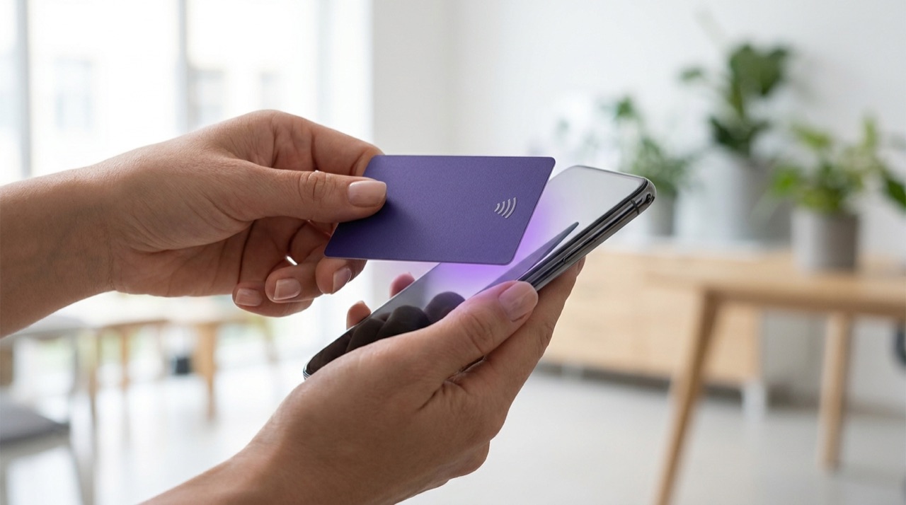 Une carte NFC violette approchée d'un smartphone pour partager ses coordonnées