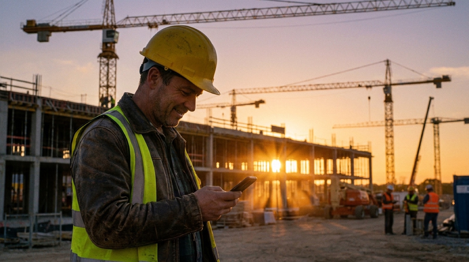 Un ouvrier en casque et gilet jaune consulte son téléphone sur un chantier, devant des grues au coucher du soleil
